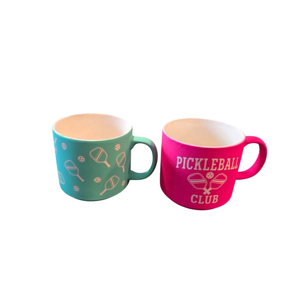 Sunday Morning Ceramics Pickleball Club Coffee tea Mugs Pink Aqua Blue Set of 2